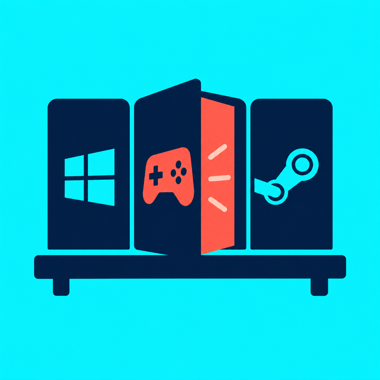 Illustration of a shelf holding Windows games and Steam, with a glowing doorway between them